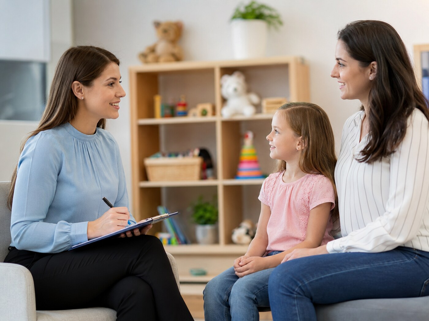 Speech-language therapist meeting with a parent and child
