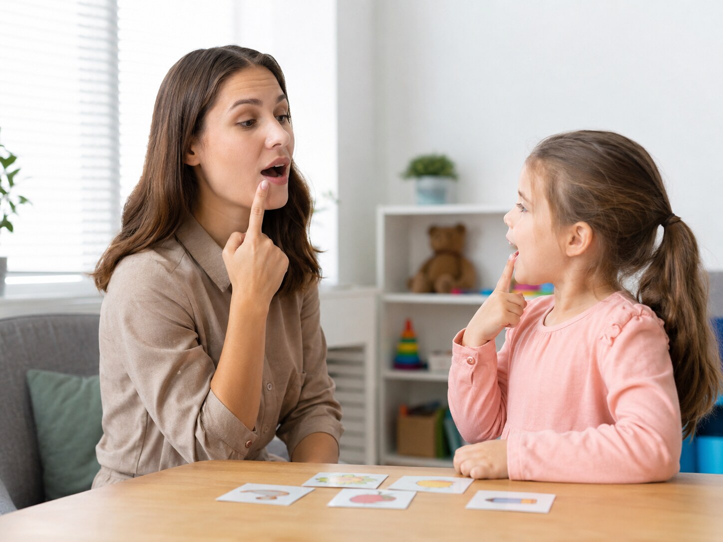 Speech-language therapist practicing speech sounds with a child