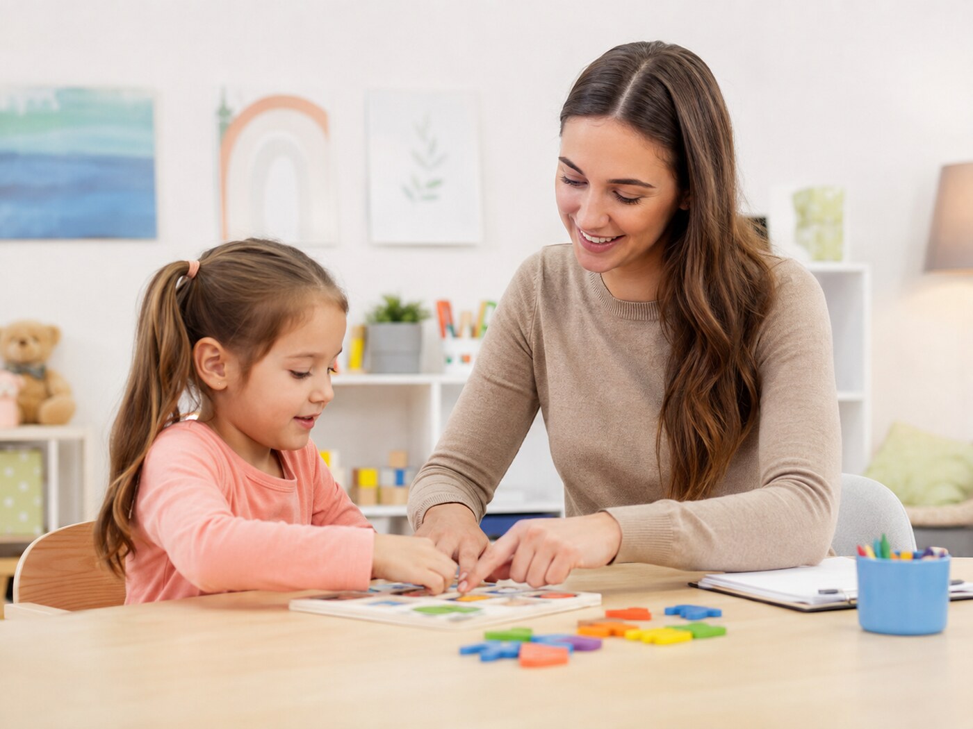 Speech-language therapist working with a child during a learning activity